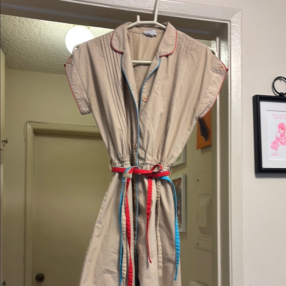 Vintage Button-Up Dress with Red and Blue Accents